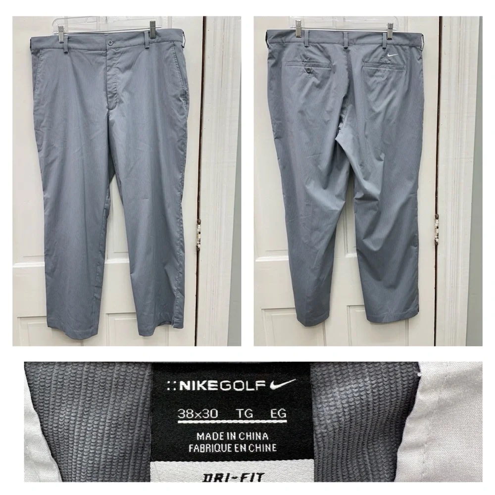 Nike Golf dri fit athletic pants grey white pin stripe men's chinos 38 x‎ 30